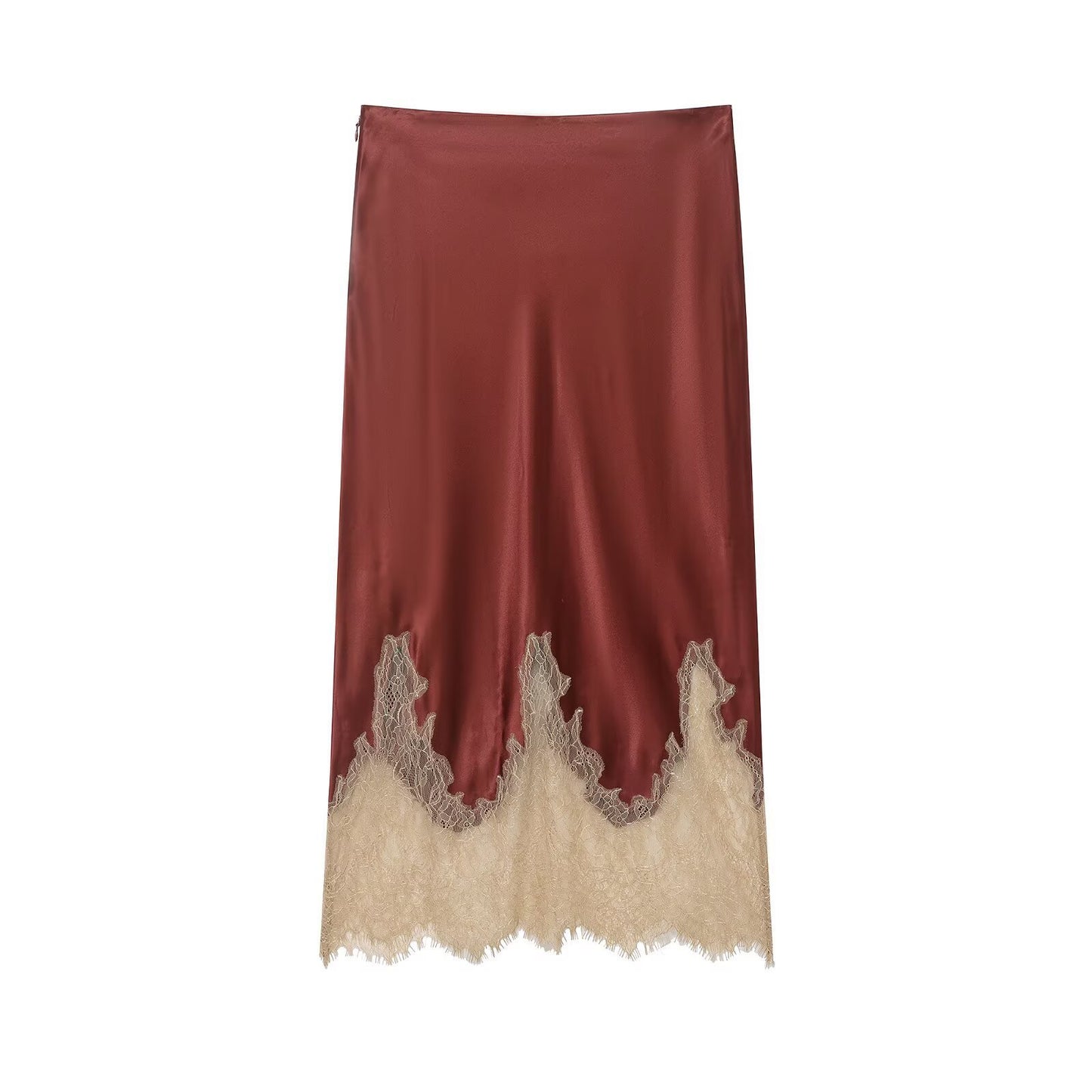 Rosewood Crème Lace-Trim Satin Skirt