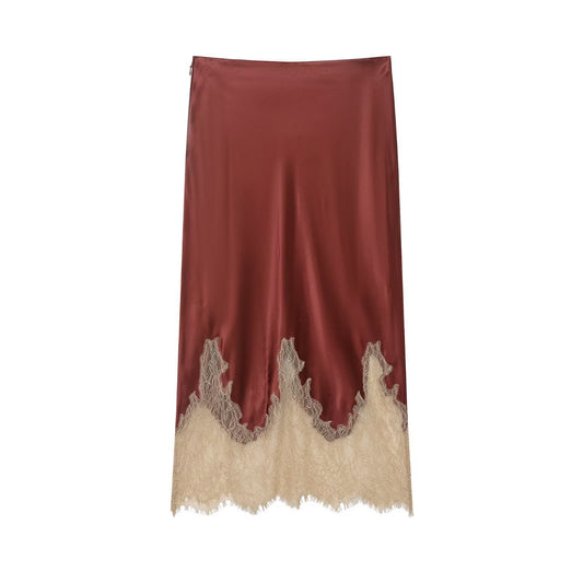 Rosewood Crème Lace-Trim Satin Skirt
