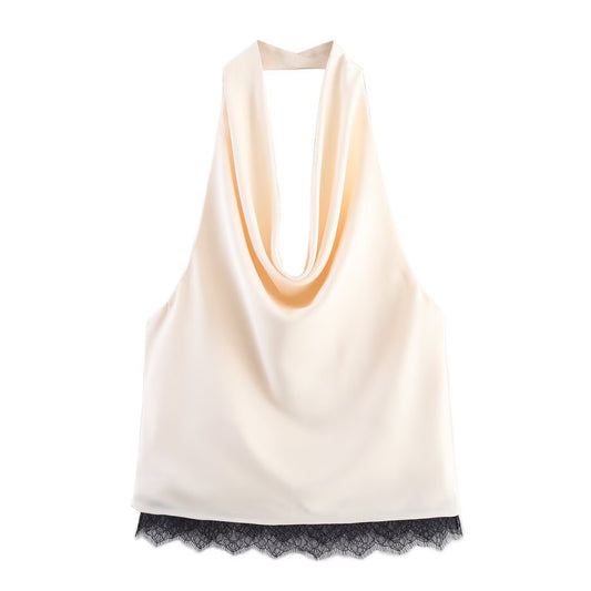 Ivory Noir Lace-Trim Satin Two-Piece Set