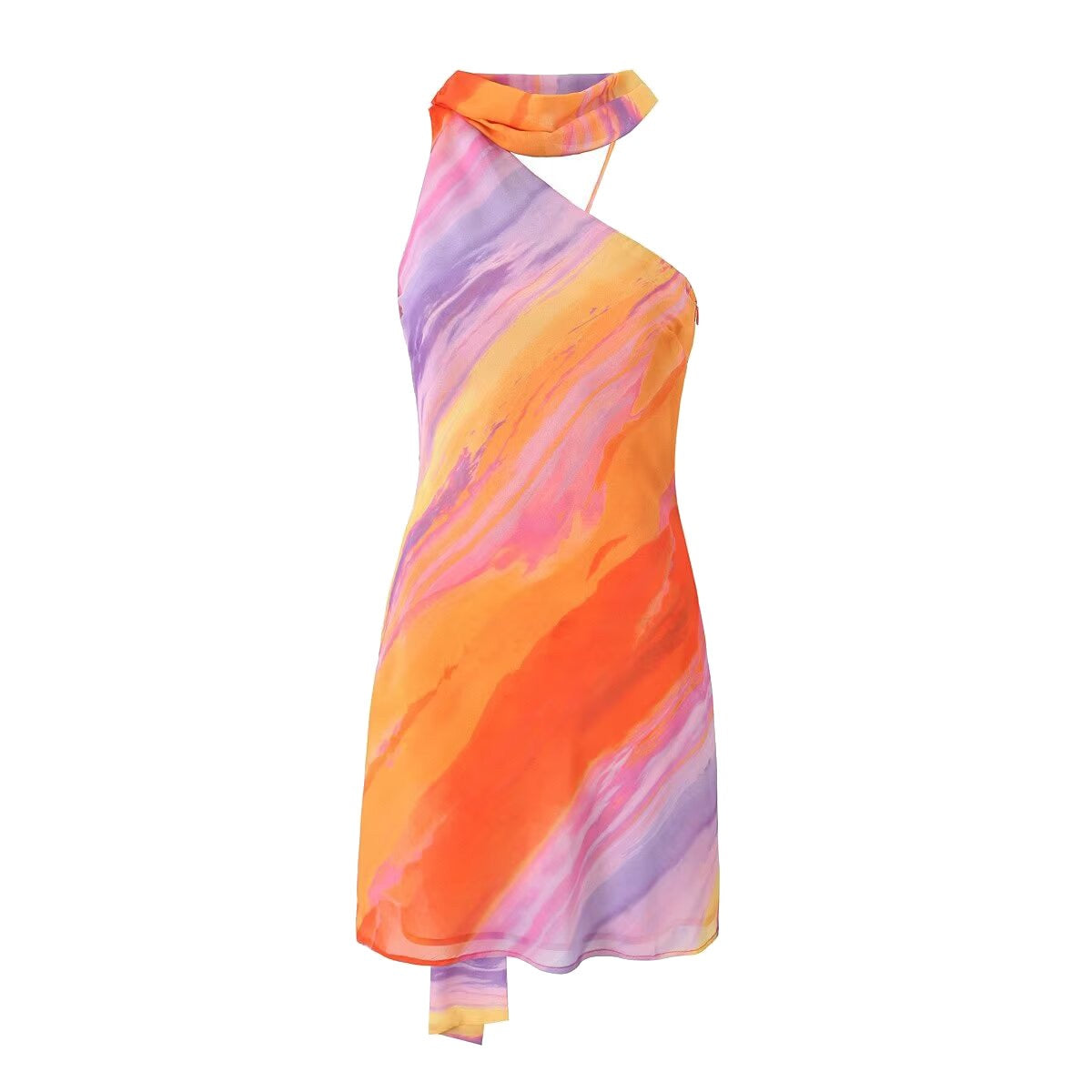 Sunset Swirl Asymmetrical Halter Dress