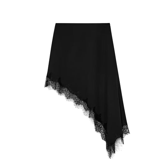 Asymmetrical Lace-Trim Satin Skirt