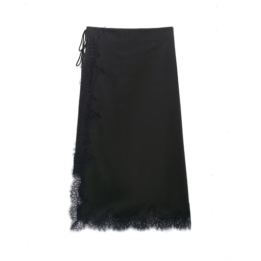 Midnight Lace Wrap Satin Skirt