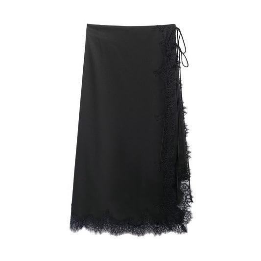 Midnight Lace Wrap Satin Skirt
