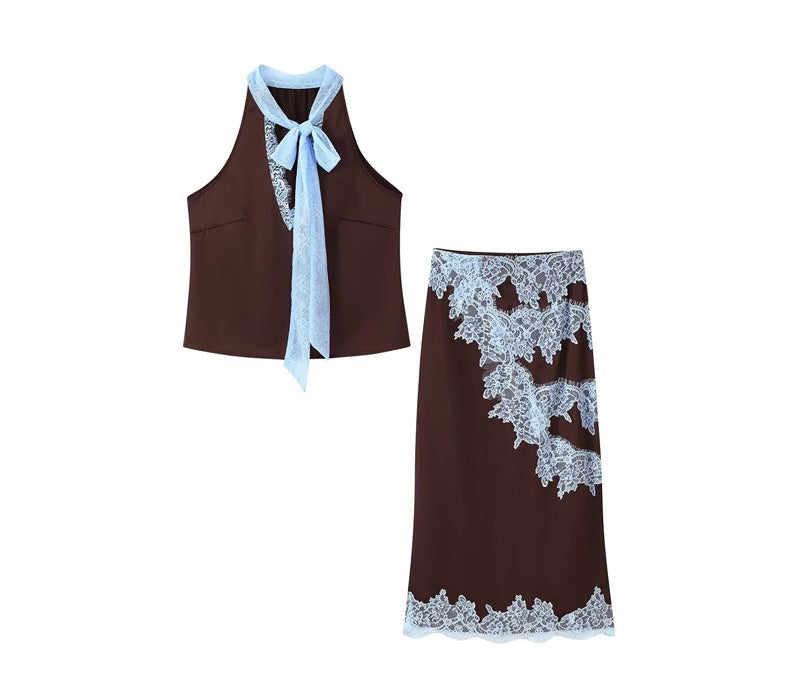 Mocha Frost Lace-Accented Two-Piece Set