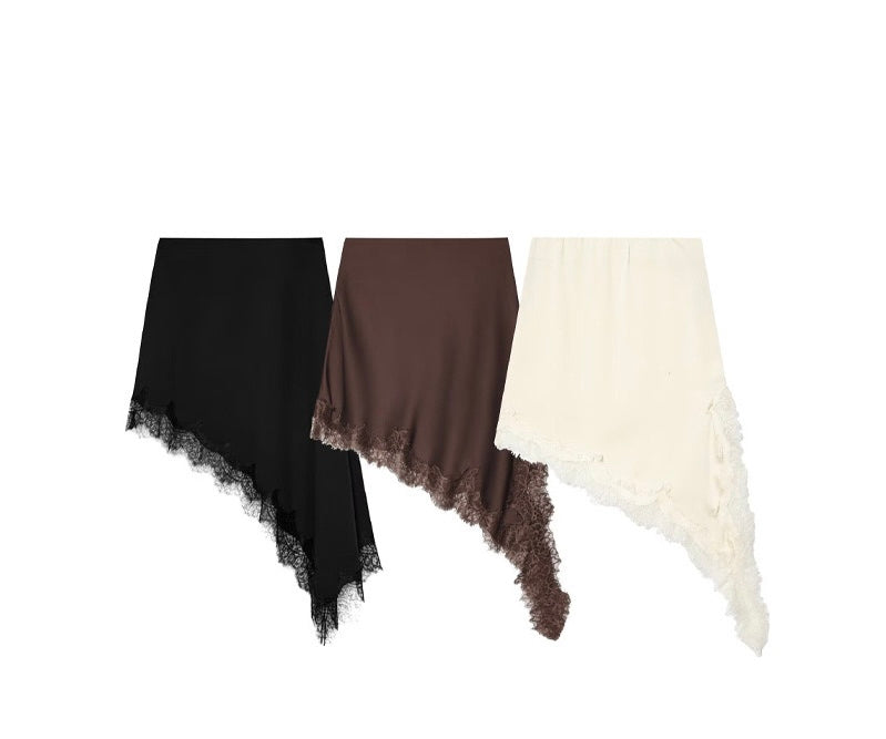Asymmetrical Lace-Trim Satin Skirt