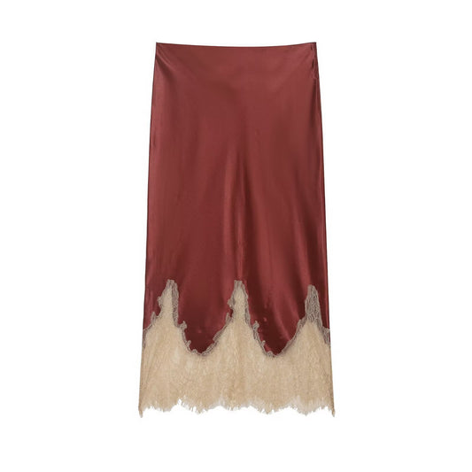 Rosewood Crème Lace-Trim Satin Skirt