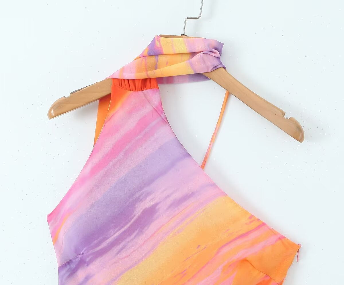 Sunset Swirl Asymmetrical Halter Dress