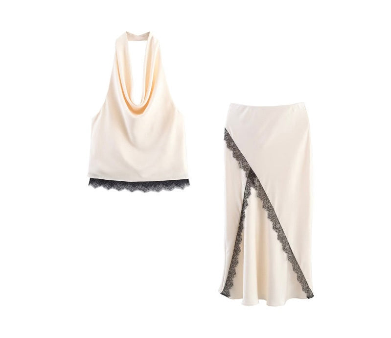 Ivory Noir Lace-Trim Satin Two-Piece Set