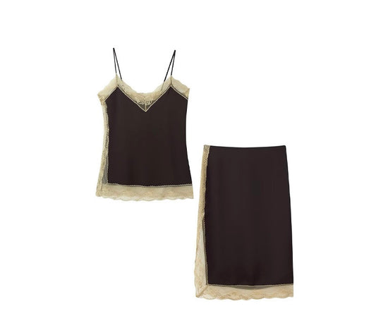 Cocoa Crème Lace-Trim Satin Two-Piece Set