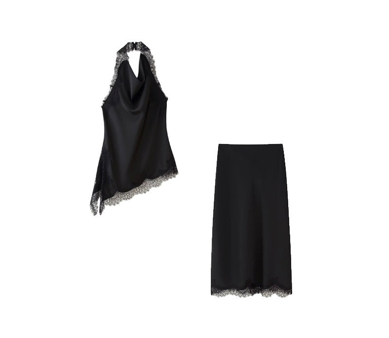 Midnight Lace Halter Satin Set