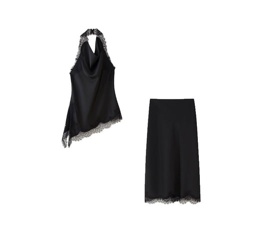 Midnight Lace Halter Satin Set