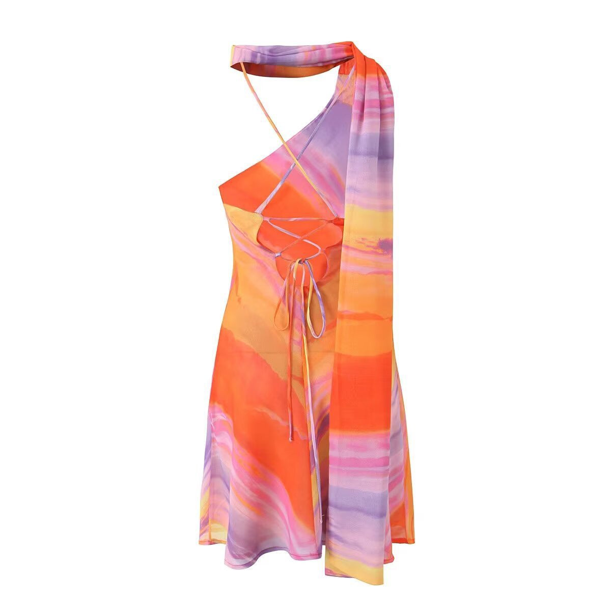 Sunset Swirl Asymmetrical Halter Dress