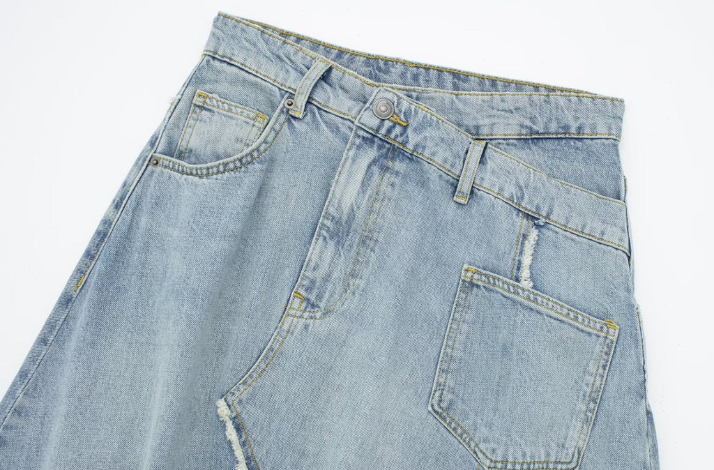 Asymmetric Mid-Wash Denim Skirt
