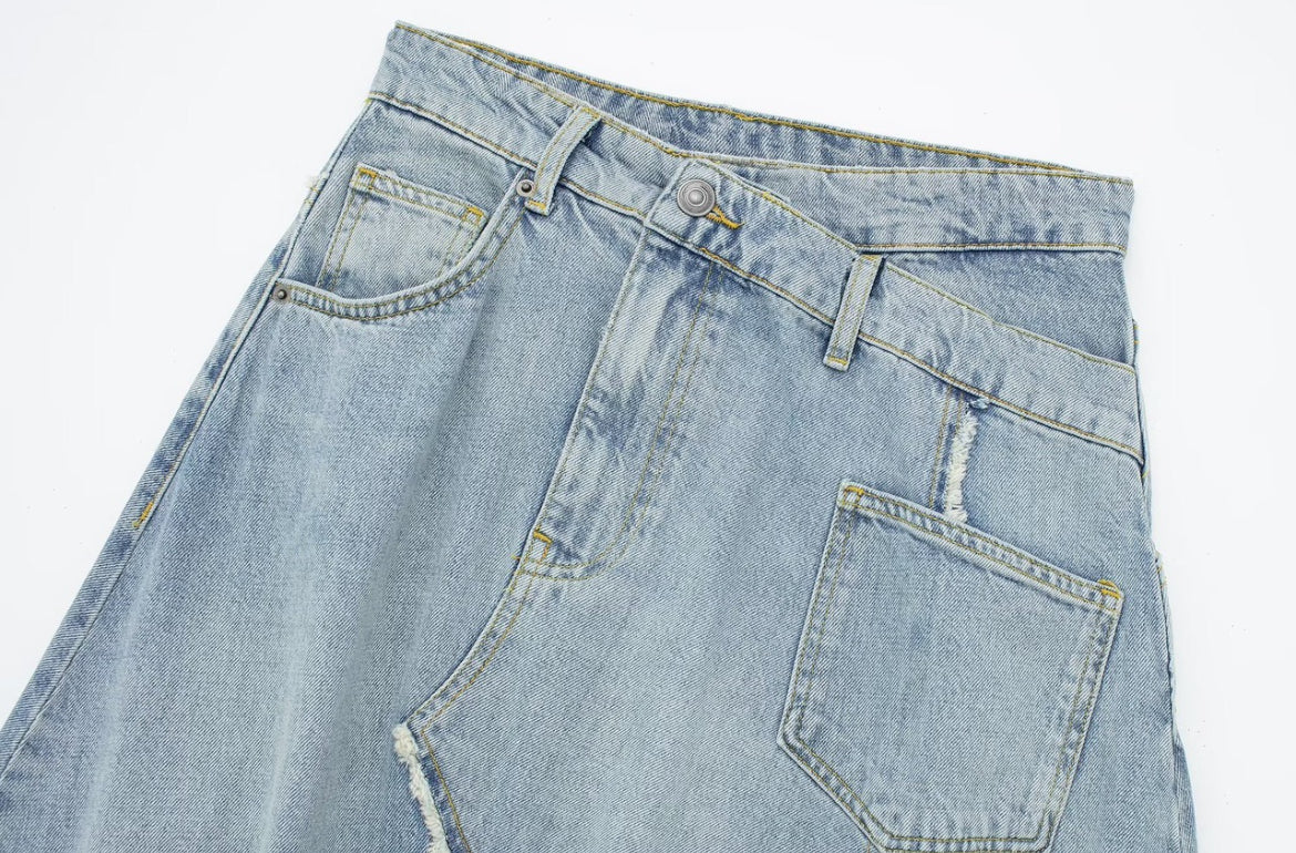 Asymmetric Mid-Wash Denim Skirt