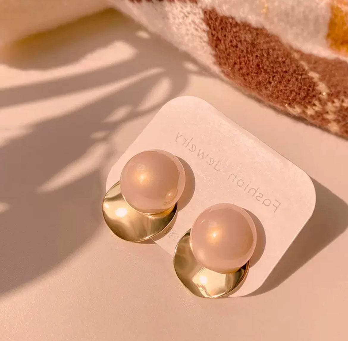Round Pearl & Gold Disc Earrings