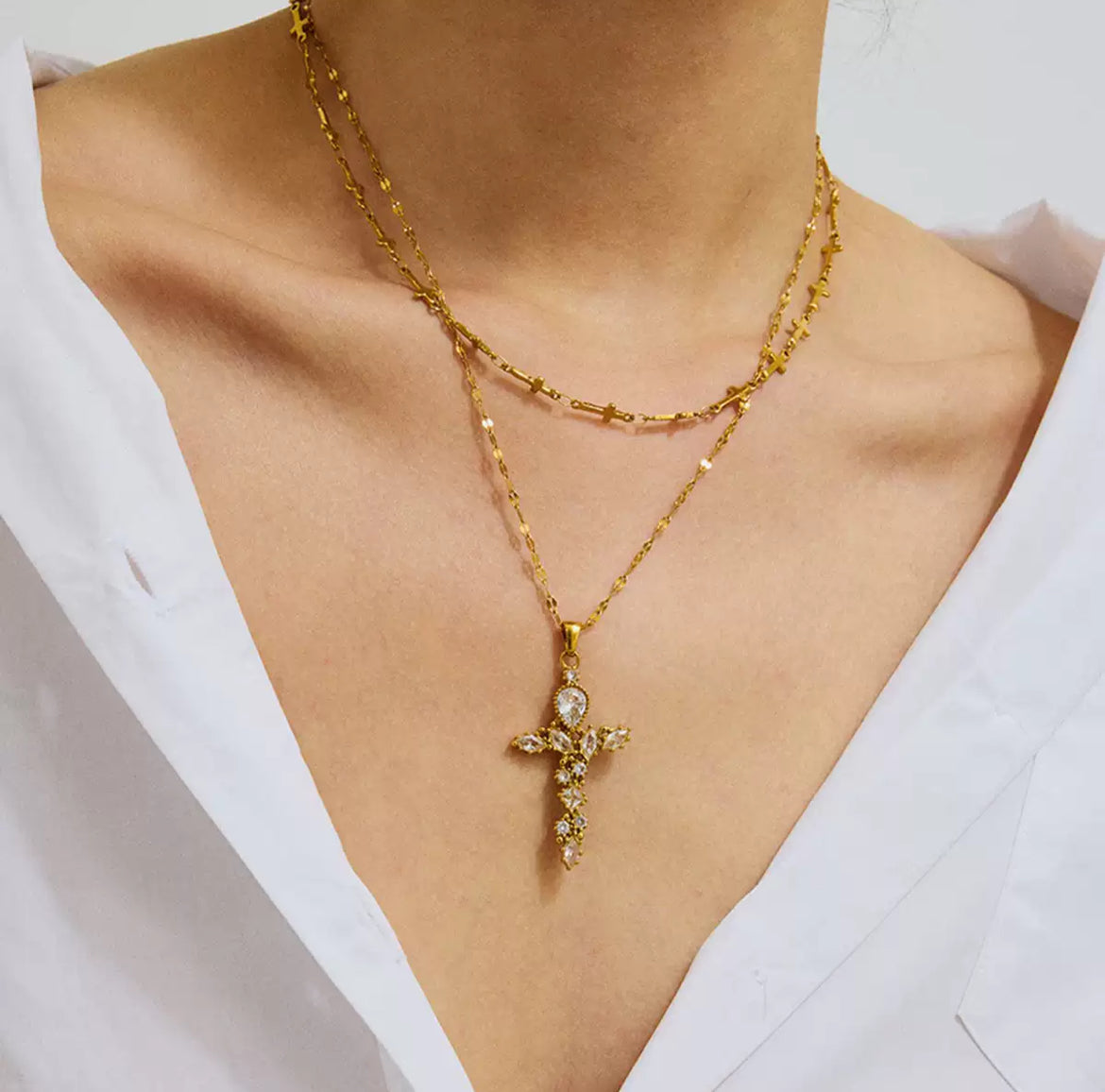 Gold Crystal “Cross Pendant” Necklace