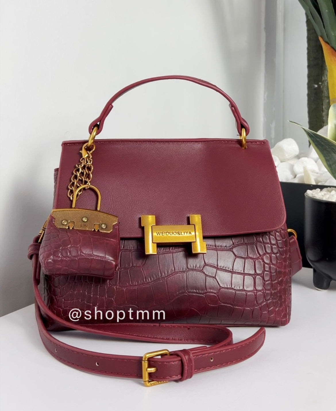 Croc-Effect Burgundy Bag with Charm