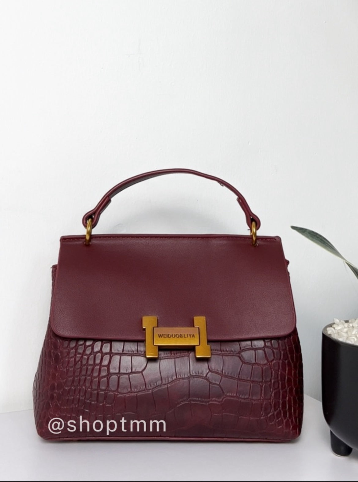 Croc-Effect Burgundy Bag with Charm