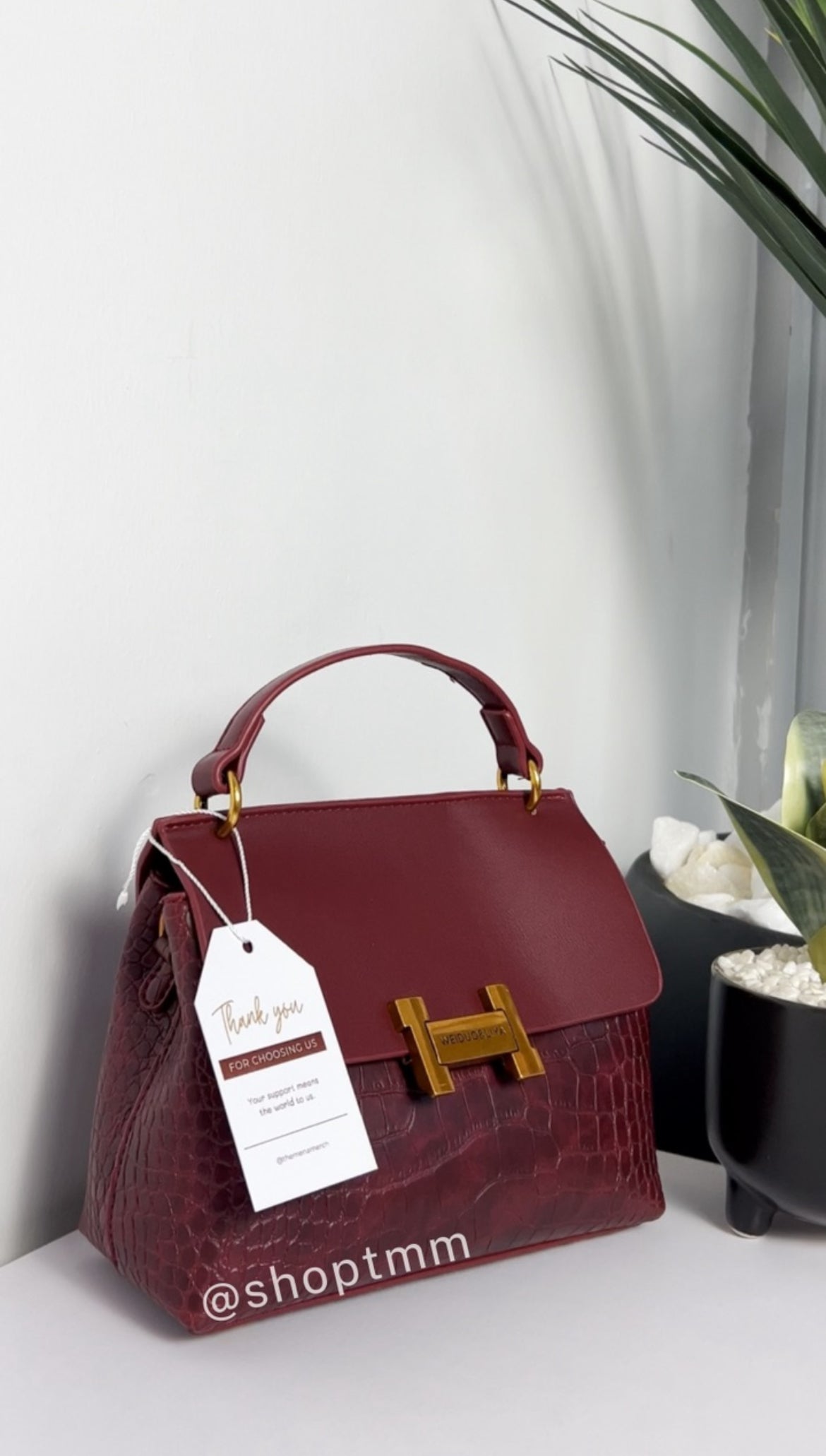 Croc-Effect Burgundy Bag with Charm